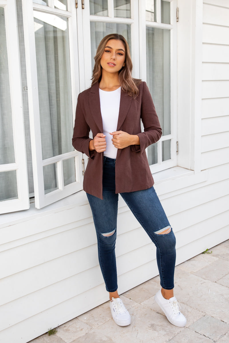 PIPER LINEN TAILORED BLAZER JACKET - CHOCOLATE - The Self Styler