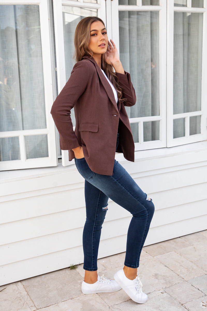 PIPER LINEN TAILORED BLAZER JACKET - CHOCOLATE - The Self Styler