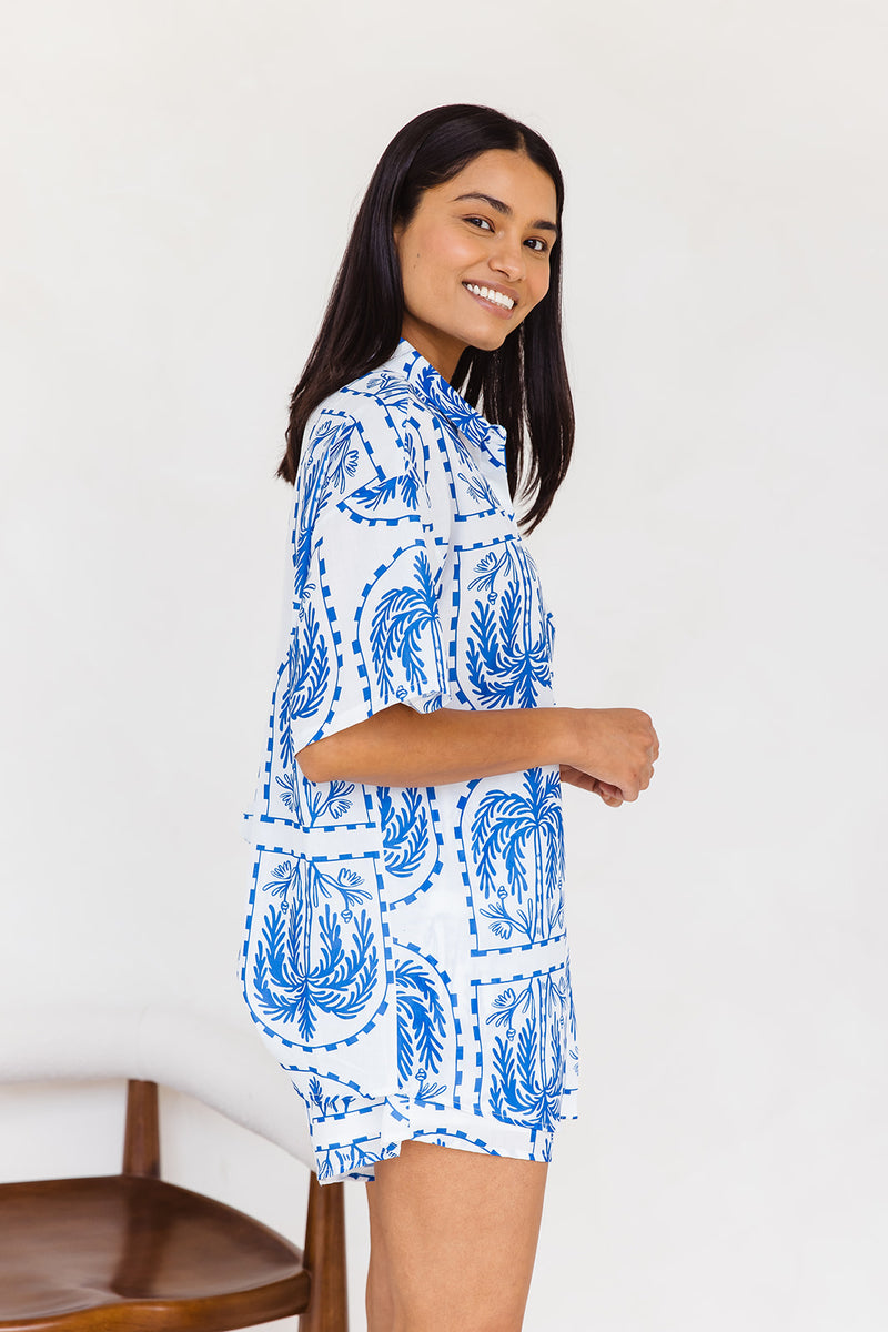 Eleni Shirt - Archway Palm Print - Blue - The Self Styler