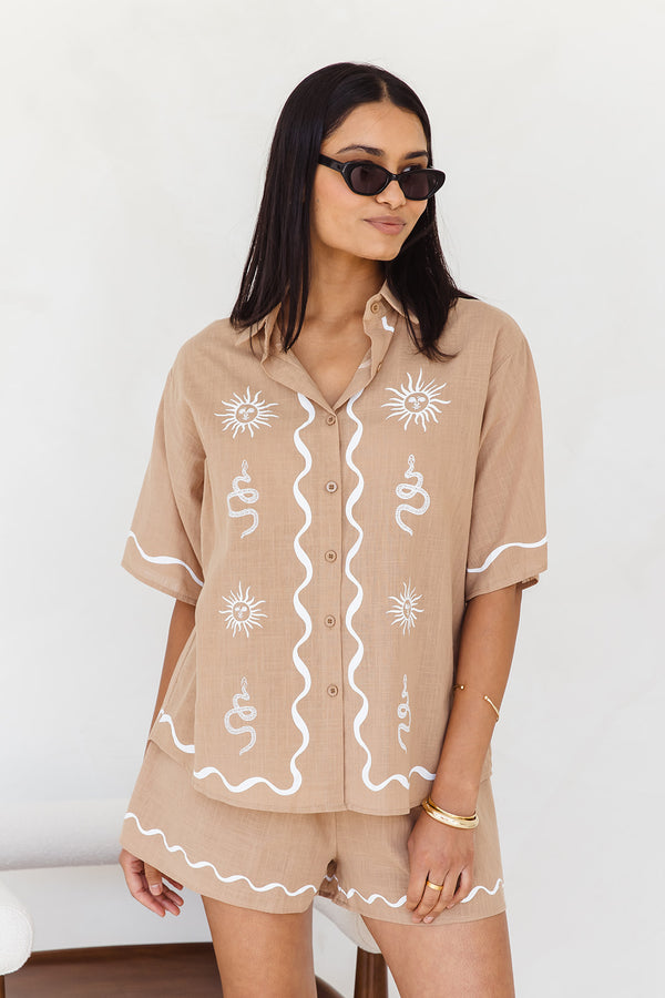 Ziggy Shirt - Sun and Snake Print - Tan - The Self Styler