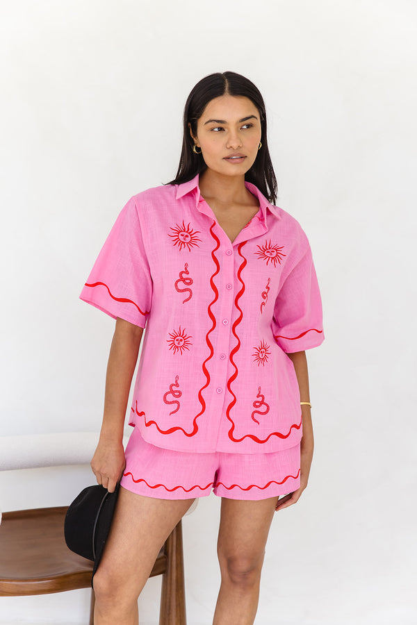 Ziggy Shirt - Sun and Snake Print - Pink - The Self Styler