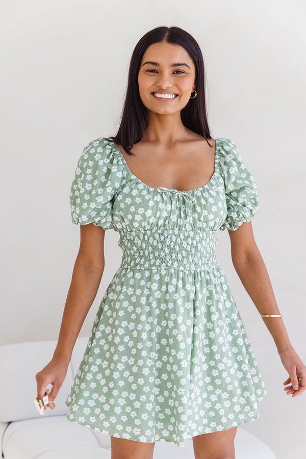 Phoebe Mini Dress - Green Floral - The Self Styler