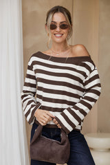 Thea Boat Neck Stripe Top - Cream and Chocolate
