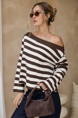 Thea Boat Neck Stripe Top - Cream and Chocolate
