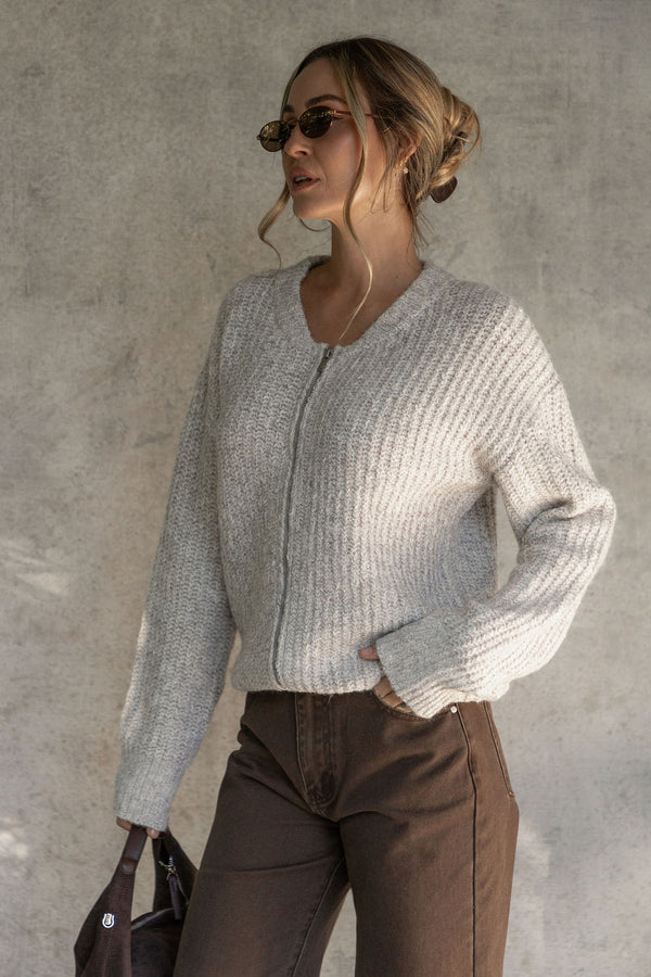 Winnie Zip-Up Knit Cardigan - Grey Marle