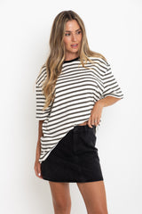 Zephyr Relaxed-Fit Stripe Tee - Cream with Olive and Black - The Self Styler