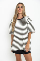 Zephyr Relaxed-Fit Stripe Tee - Cream with Olive and Black - The Self Styler