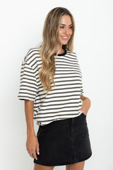 Zephyr Relaxed-Fit Stripe Tee - Cream with Olive and Black - The Self Styler
