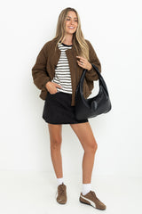 Zephyr Relaxed-Fit Stripe Tee - Cream with Olive and Black - The Self Styler