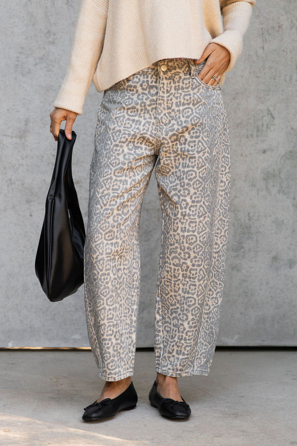 Zadie Barrel Denim Jeans - Leopard Print