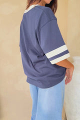 Stevie Relaxed-Fit V-Neck Tee - Navy and Butter
