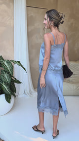 Georgie Satin Lace Midi Skirt - Steel Blue