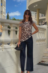 Ellidy Asymmetrical Hem Mesh Top - Choc Zebra
