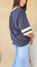 Stevie Relaxed-Fit V-Neck Tee - Navy and Butter