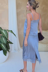 Georgie Satin Lace Midi Skirt - Steel Blue