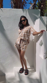 Zali Shorts - Beach Soleil Print - Tan and White