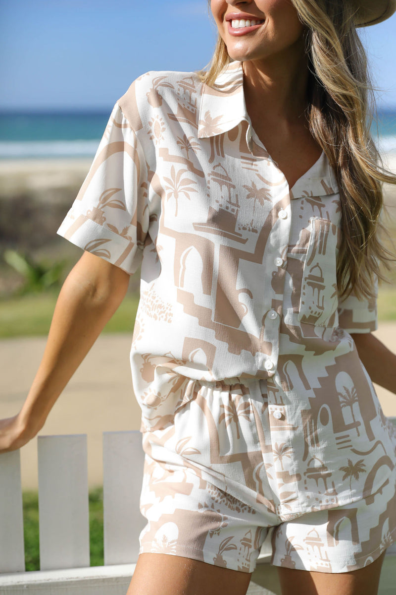 Cove Shirt - Beige Abstract Palm Print - The Self Styler
