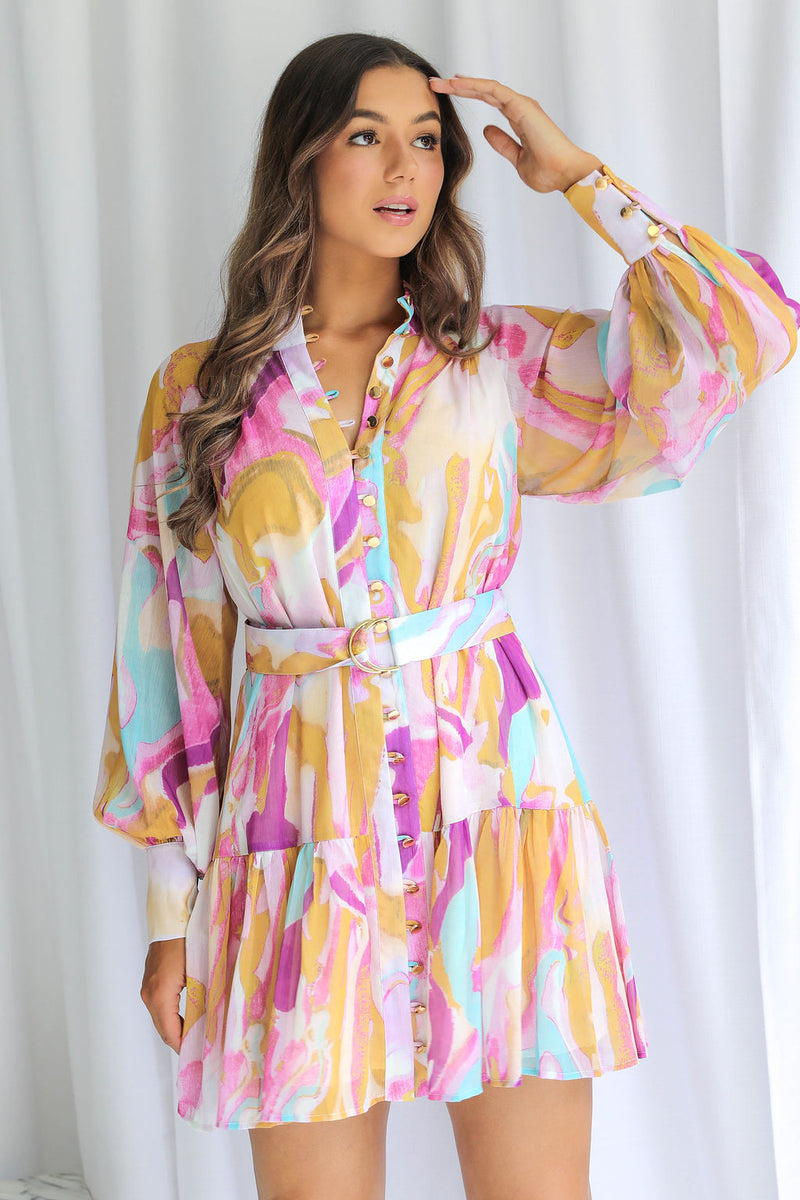 Khalia Mini Dress - Abstract Watercolour Print - The Self Styler