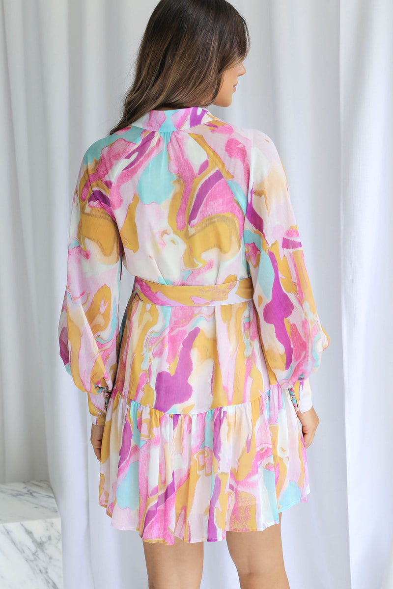 Khalia Mini Dress - Abstract Watercolour Print - The Self Styler