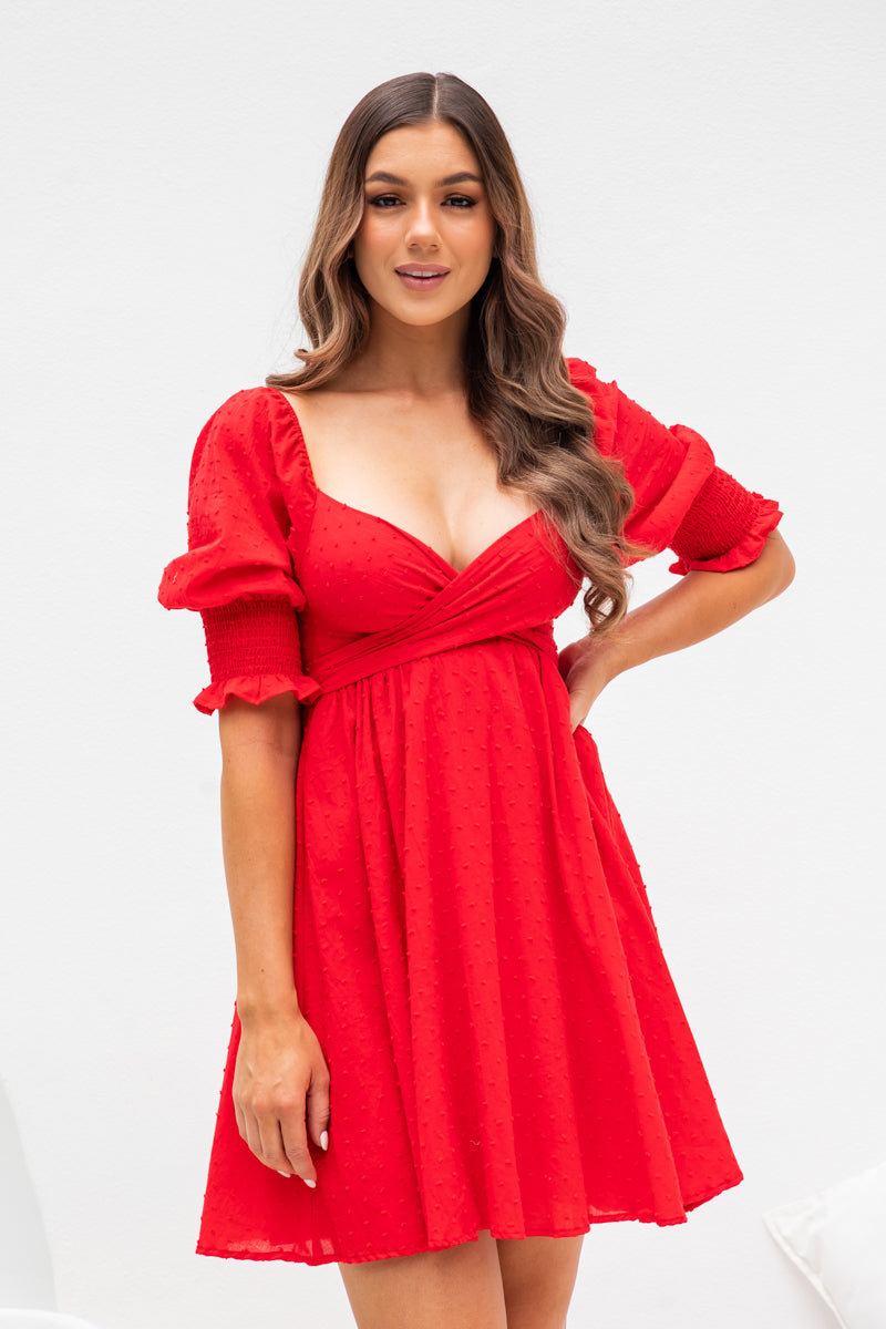 Belle Dress - Red Embossed Spot - The Self Styler